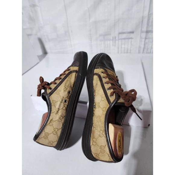 Authentic Gucci Leather And Monogram Canvas Lace Up Sneakers Brown/Beige Size 7. - Picture 7 of 16